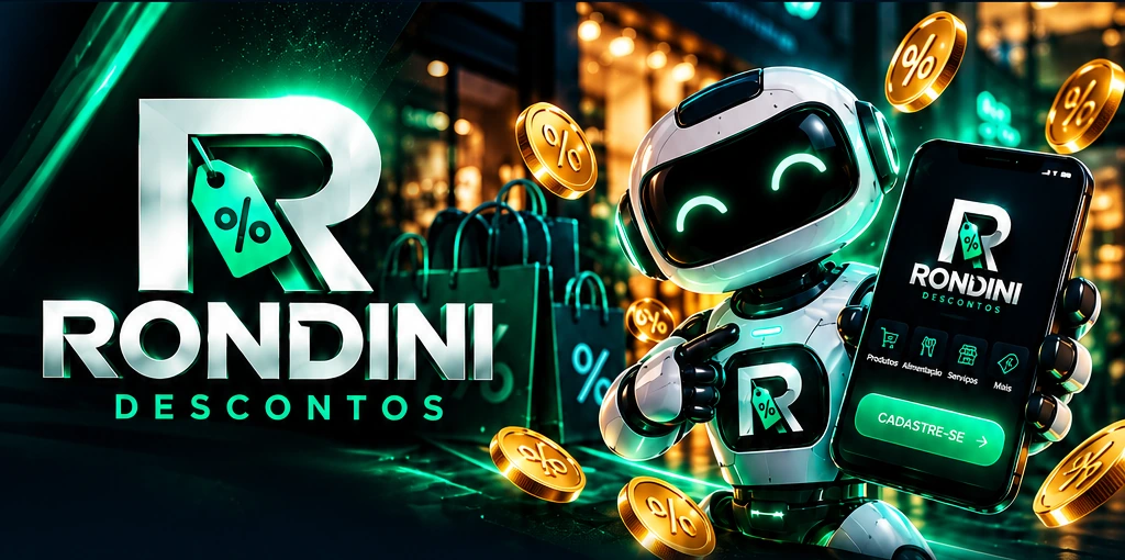 Logo Rondini Descontos e robô oficial segurando o celular, com moedas douradas